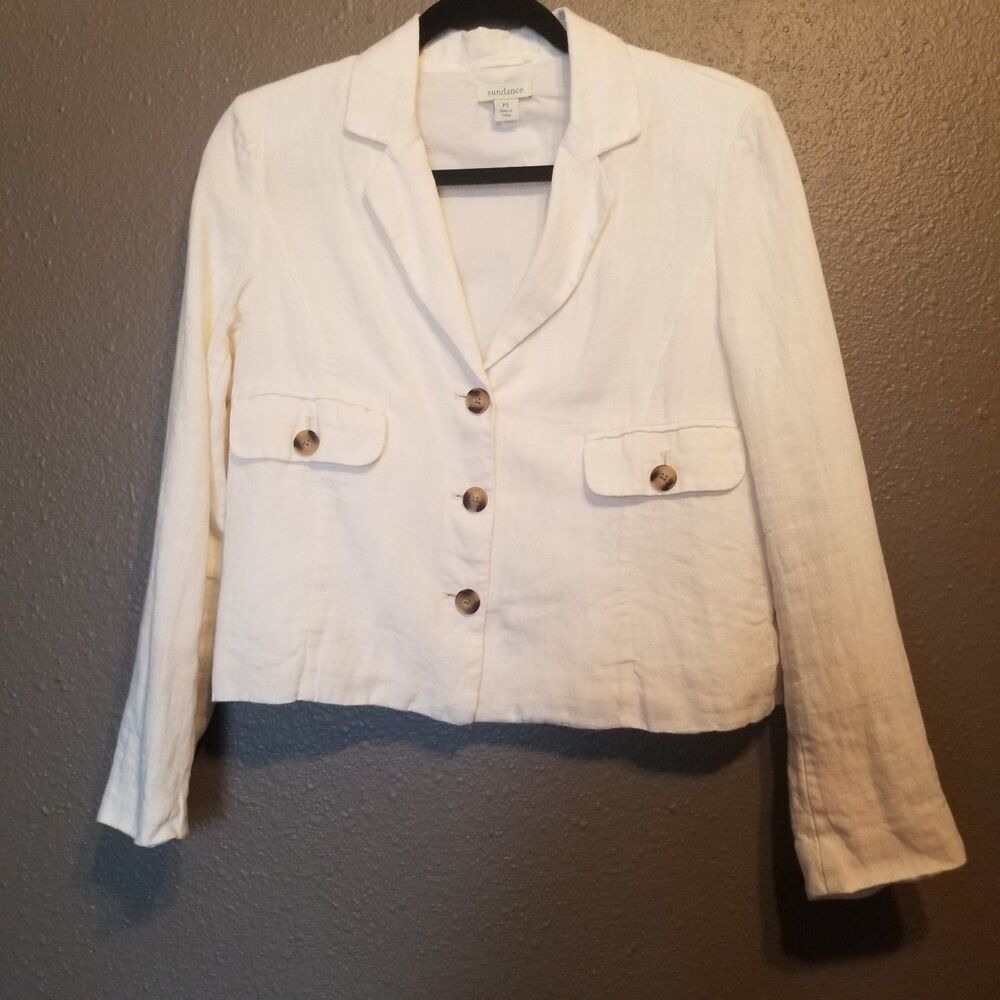 Sundance Petite Small Blazer 100% Linen White Preppy Office Lagenlook Coastal